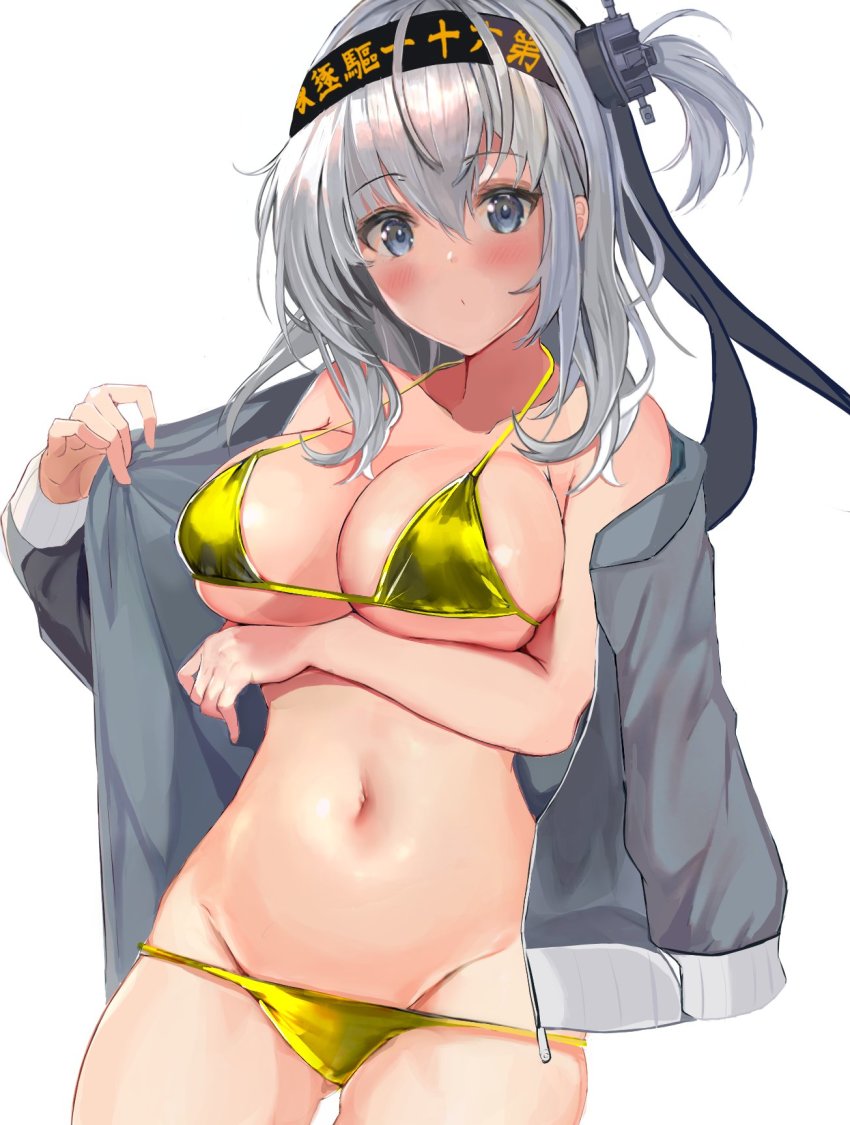 1girl bikini bikini_pull blue_eyes blush breasts clothes_pull collarbone eriyama_e gold_bikini grey_jacket hair_between_eyes hair_ornament headband highres jacket kantai_collection large_breasts looking_at_viewer navel one_side_up open_clothes open_jacket silver_hair simple_background solo string_bikini suzutsuki_(kancolle) white_background