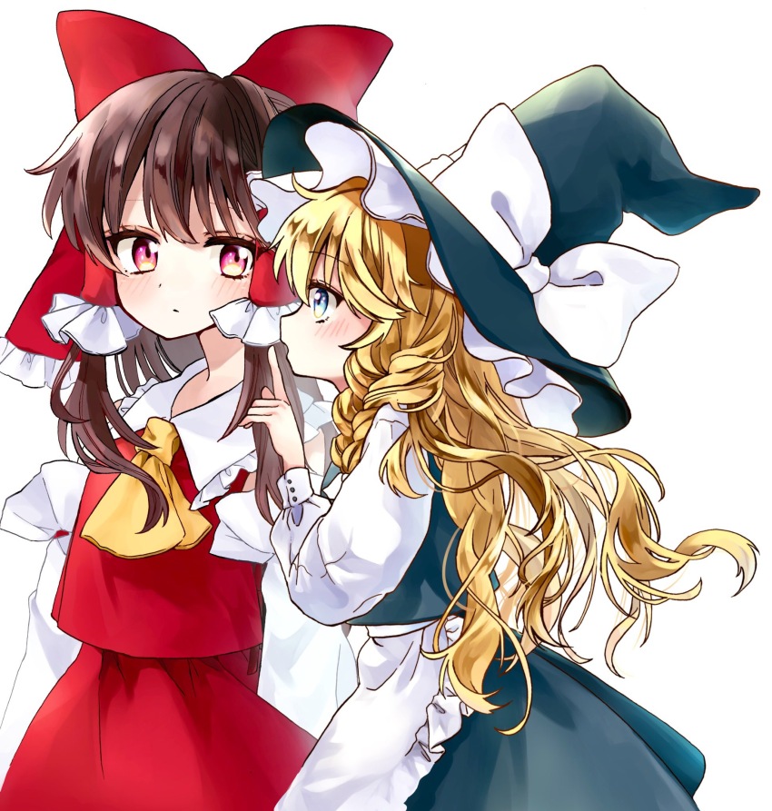 2girls apron ascot blonde_hair blush bow braid brown_hair commentary_request detached_sleeves frilled_bow frilled_hair_tubes frills gradient_eyes hair_bow hair_tubes hakurei_reimu hat hat_bow highres kirisame_marisa long_hair long_sleeves multicolored_eyes multiple_girls niri open_mouth red_bow red_skirt side_braid simple_background single_braid skirt skirt_set touhou very_long_hair waist_apron white_apron white_background white_bow witch_hat yellow_ascot