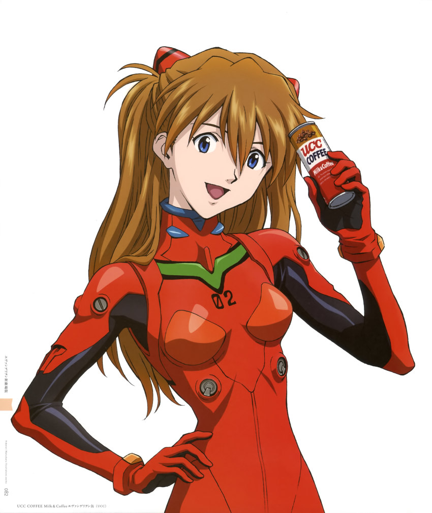 1girl absurdres blue_eyes bodysuit brown_hair can canned_coffee coffee drink_can evangelion:_2.0_you_can_(not)_advance female_focus hair_ornament hand_on_own_hip highres holding interface_headset long_hair looking_at_viewer matsubara_hidenori mecha_pilot_suit neon_genesis_evangelion official_art open_mouth page_number plugsuit product_placement rebuild_of_evangelion scan simple_background smile solo souryuu_asuka_langley turtleneck two_side_up ucc_coffee upper_body white_background