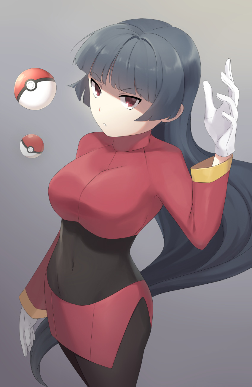 1girl absurdres black_hair breasts creatures_(company) dress game_freak gloves grey_background gummy_(puffaluficus) highres large_breasts long_hair nintendo poke_ball pokemon psychic red_dress red_eyes sabrina_(pokemon) simple_background white_gloves