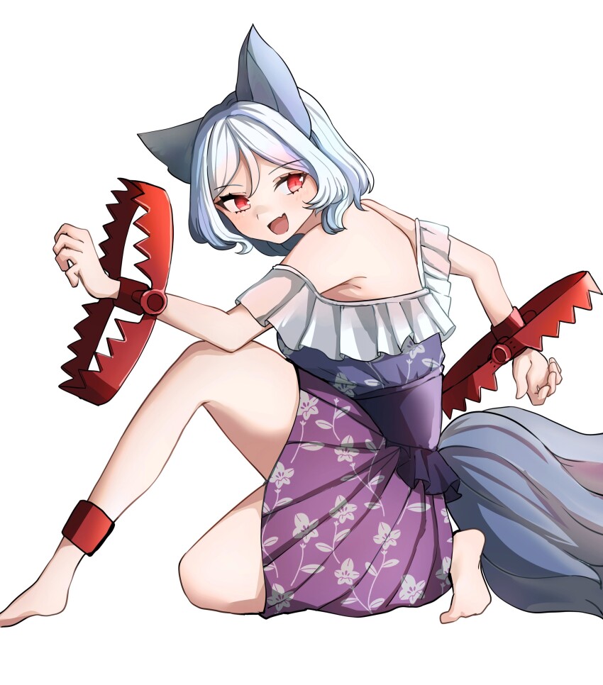 1girl :d absurdres animal_ears ankle_cuffs back barefoot bear_trap commentary_request dog_ears dog_girl dog_tail extra_tails floral_print grey_hair highres long_skirt medium_hair mesuosushi mitsugashira_enoko multiple_tails off-shoulder_shirt off_shoulder open_mouth pleated_skirt purple_shirt purple_skirt red_eyes shirt short_sleeves simple_background skirt smile solo tail touhou white_background