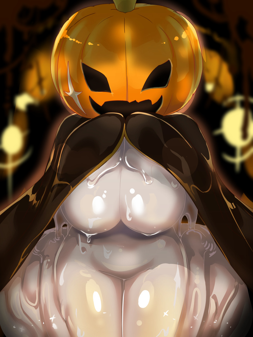 absurdres arrow_(symbol) black_cape bow breasts cape creature facing_viewer halloween halloween_costume heart highres hikyou_takarasou holding holding_pumpkin jack-o&#039;-lantern large_breasts looking_at_viewer monster monster_girl original pumpkin red_bow see-through_body sitting slime_(creature) slime_(substance) slime_girl thighs translucent wariza