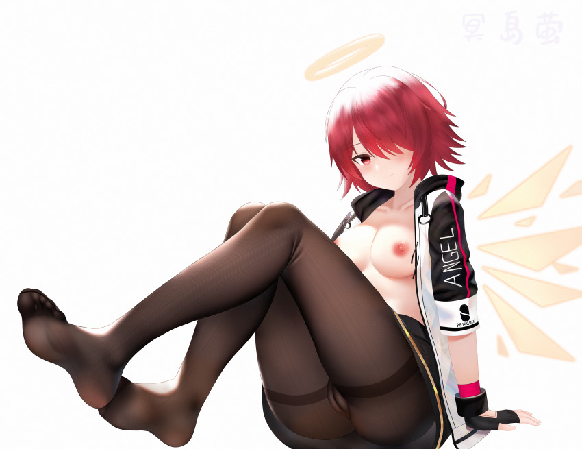 1girl absurdres arknights black_gloves black_skirt black_sleeves blush breasts brown_pantyhose cameltoe chinese_commentary clip_studio_paint_(medium) closed_mouth clothes_writing collarbone commentary_request detached_wings exusiai_(arknights) feet fingerless_gloves full_body gloves hair_over_one_eye halo highres jacket knees_up looking_at_viewer medium_breasts ming_dao_ying nipples no_shoes one_eye_covered open_clothes open_jacket painttool_sai_(medium) pantyhose red_eyes red_hair short_hair simple_background sitting skirt sleeves_past_elbows smile solo toes white_background white_jacket wings yellow_halo yellow_wings