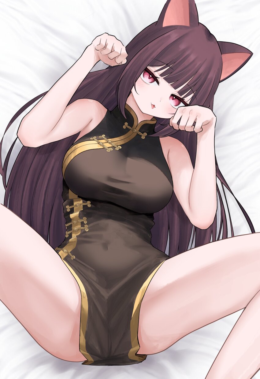 1girl absurdres animal_ears black_dress blunt_bangs blush breasts brown_hair cat_ears cat_girl china_dress chinese_clothes closed_mouth commentary covered_navel dress feet_out_of_frame gold_trim highres large_breasts long_hair looking_at_viewer lying maimai_(game) on_back paw_pose pink_eyes shama_(maimai) shirt sleeveless sleeveless_shirt smile solo spread_legs tt_(mmk_lr) very_long_hair white_background