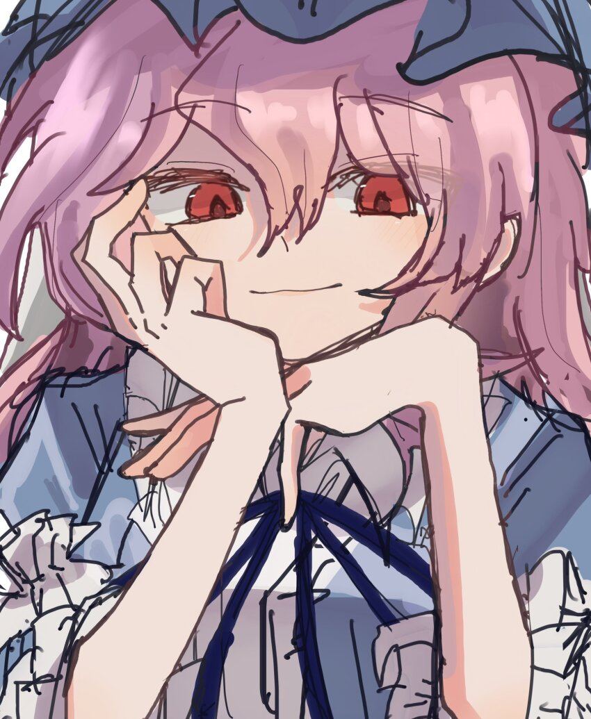 1girl blue_ribbon blue_skirt closed_mouth frilled_hat frilled_shirt frills hachi_6218 hair_between_eyes hand_on_own_chin hand_on_own_face hat head_rest highres long_hair long_sleeves looking_at_viewer mob_cap pink_hair red_eyes ribbon saigyouji_yuyuko shirt skirt smile solo touhou