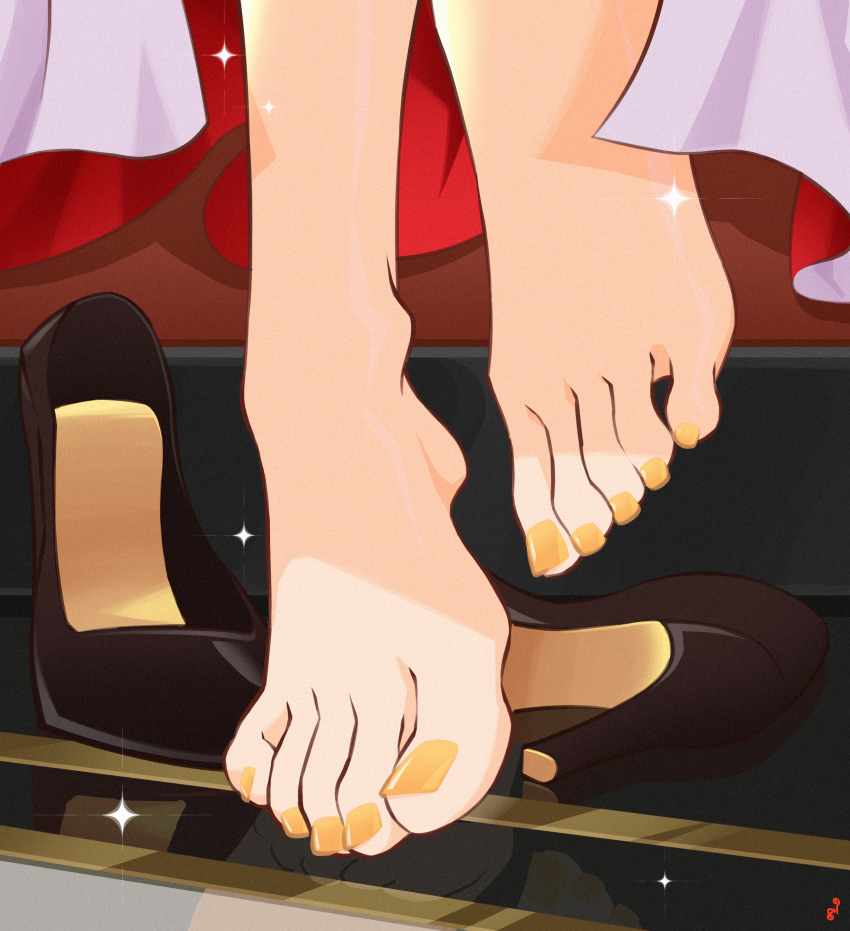 1girl absurdres artist_logo barefoot commentary english_commentary feet feet_only floating_clothes foot_focus high_heels highres himeko_(honkai:_star_rail) honkai:_star_rail honkai_(series) mohoshadream nail_polish reflective_floor shoes solo sparkling_aura standing standing_on_one_leg stiletto_heels tiptoes toenail_polish toenails toes unworn_shoes yellow_nails