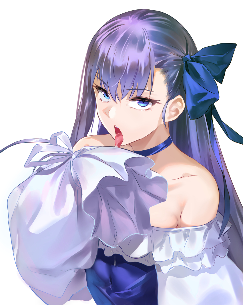 1girl absurdres bare_shoulders blue_eyes blue_ribbon breasts choker das_(dan_dan) fate/grand_order fate_(series) hair_ribbon highres long_hair long_sleeves looking_at_viewer meltryllis meltryllis_(fate) meltryllis_(swimsuit_lancer)_(fate) meltryllis_(swimsuit_lancer)_(second_ascension)_(fate) off-shoulder_one-piece_swimsuit off_shoulder one-piece_swimsuit open_mouth puffy_sleeves purple_hair ribbon sleeves_past_fingers sleeves_past_wrists small_breasts solo swimsuit tongue tongue_out white_ribbon