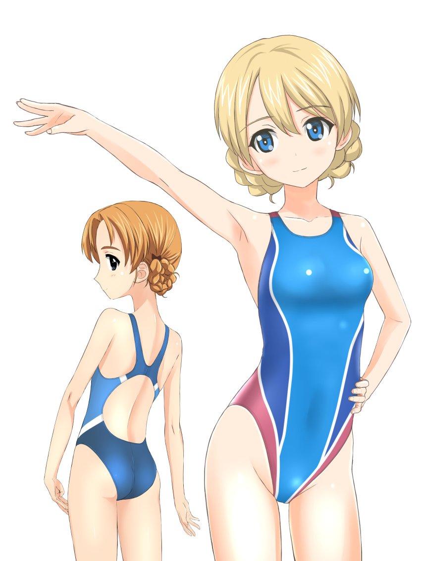 10s 2girls absurdres arm_up ass bad_id bad_twitter_id blonde_hair blue_eyes braid breasts brown_hair collarbone competition_swimsuit covered_navel darjeeling_(girls_und_panzer) from_behind girls_und_panzer hand_on_own_hip highres inactive_account light_smile long_hair multiple_girls one-piece_swimsuit orange_hair orange_pekoe_(girls_und_panzer) short_hair swimsuit takafumi thighs