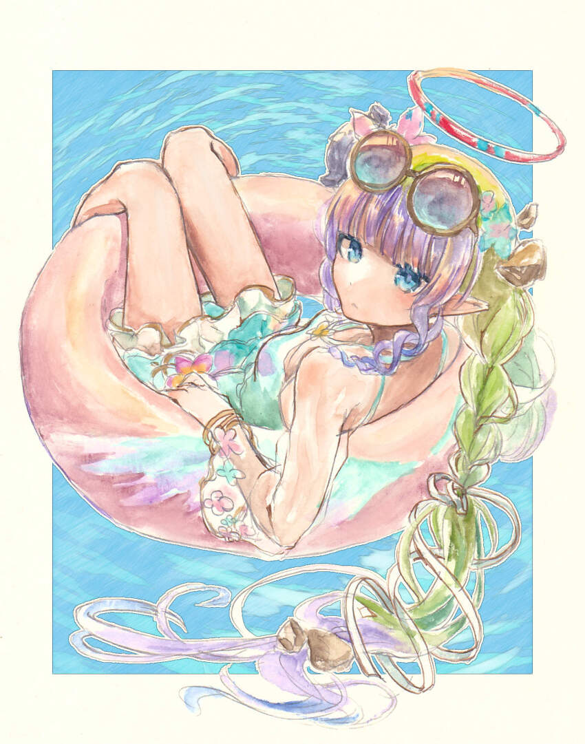 1girl ameth_(princess_connect!) ameth_(summer)_(princess_connect!) aqua_one-piece_swimsuit blue-tinted_eyewear blunt_bangs braid breasts casual_one-piece_swimsuit commentary drill_hair drill_sidelocks eyewear_on_head floating_rock flower gradient_hair green_hair hair_flower hair_ornament halo highres innertube long_hair looking_at_viewer low_twin_braids multicolored_hair nonano73 official_alternate_costume one-piece_swimsuit pink_flower pointy_ears princess_connect! purple_hair red_halo sidelocks small_breasts solo swim_ring swimsuit swimsuit_skirt symbol-only_commentary tinted_eyewear twin_braids two-tone_hair very_long_hair