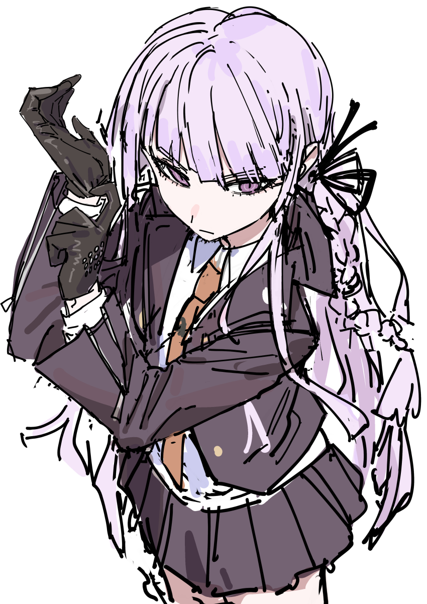 1girl absurdres black_gloves black_ribbon brown_necktie collared_shirt cowboy_shot danganronpa:_trigger_happy_havoc danganronpa_(series) gloves grey_hair hair_ribbon haruyuki_(gffewuoutgblubh) highres jacket kirigiri_kyoko long_hair necktie open_clothes open_jacket pink_eyes purple_jacket purple_skirt ribbon shirt skirt smile solo white_shirt