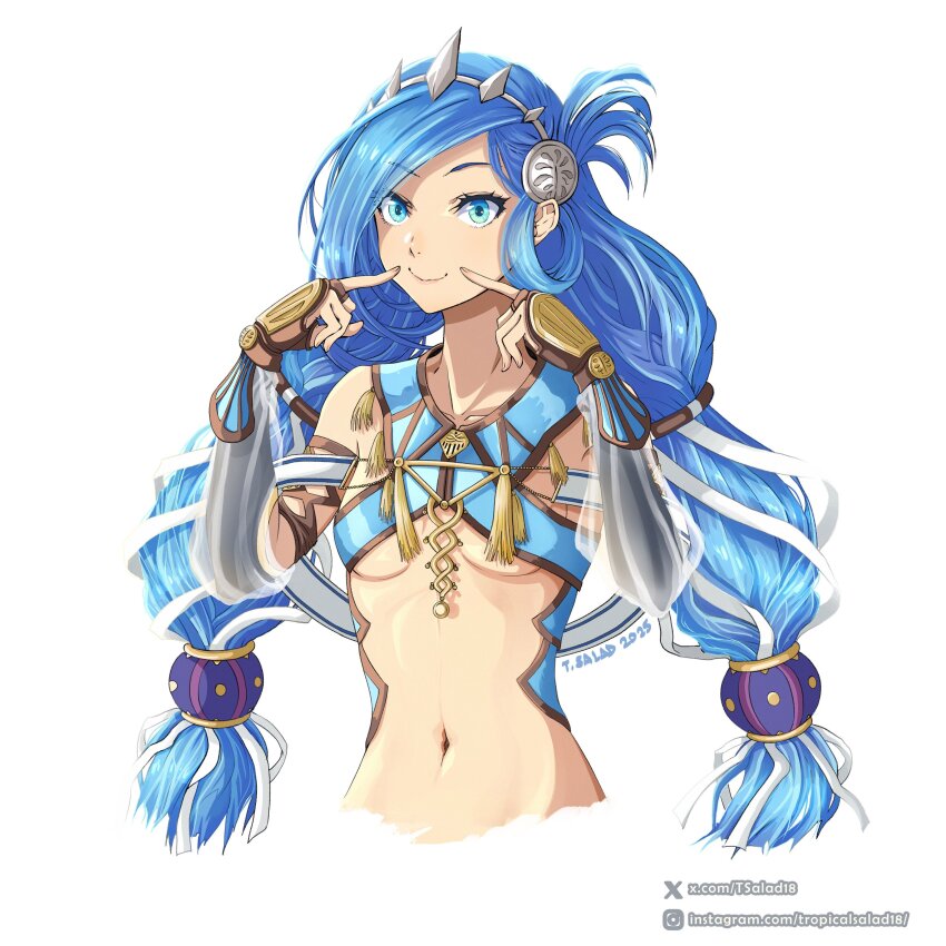 1girl absurdres artist_name blue_eyes blue_hair breasts commentary crown dana_iclucia dated dress english_commentary fingersmile hair_over_one_eye highres instagram_logo instagram_username long_hair looking_at_viewer navel portrait sideboob simple_background small_breasts solo swept_bangs tropicalsalad18 twintails twitter_username twitter_x_logo underboob upper_body watermark web_address white_background ys ys_viii_lacrimosa_of_dana