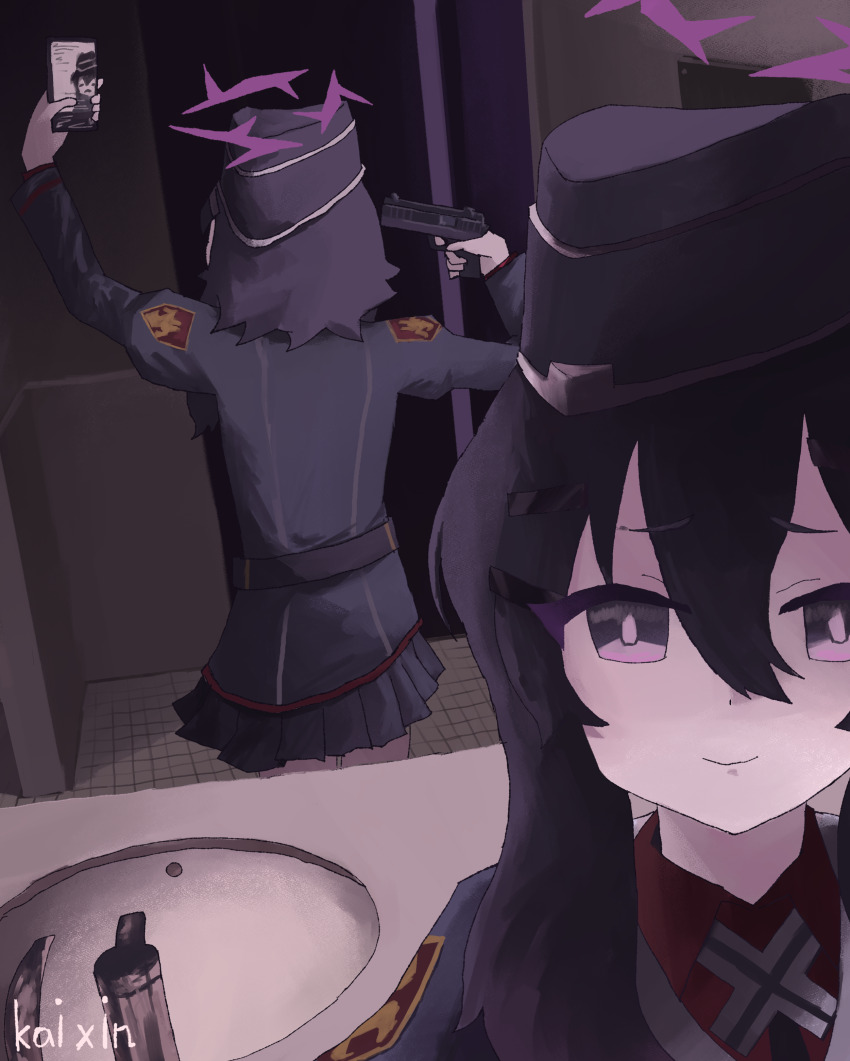 1girl absurdres artist_name at_gunpoint blue_archive cellphone commentary finger_on_trigger gun gun_to_head hair_between_eyes hair_ornament hairclip halo handgun haruka_(blue_archive) hat highres holding holding_gun holding_phone holding_weapon long_sleeves phone purple_eyes purple_hair restroom selfie skirt smartphone taking_picture tile_floor tile_wall tiles weapon zheng_kai_xin