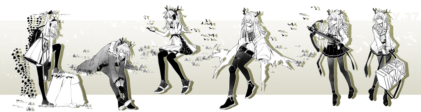 1girl absurdres antlers arknights belt bow_(weapon) cloak coat crossbow deer_antlers dress firewatch_(arknights) firewatch_(snowywatch)_(arknights) firewatch_(wilted_cypress)_(arknights) fy_fei_xiao_ya garter_straps gloves gradient_background grass highres holding holding_crossbow holding_weapon horns invisible_chair knee_pads leg_up monochrome pantyhose rock shoes simple_background single_knee_pad sitting skirt sleeveless sneakers standing thigh_belt thigh_strap thighhighs torn_cloak torn_clothes tying_footwear weapon white_background