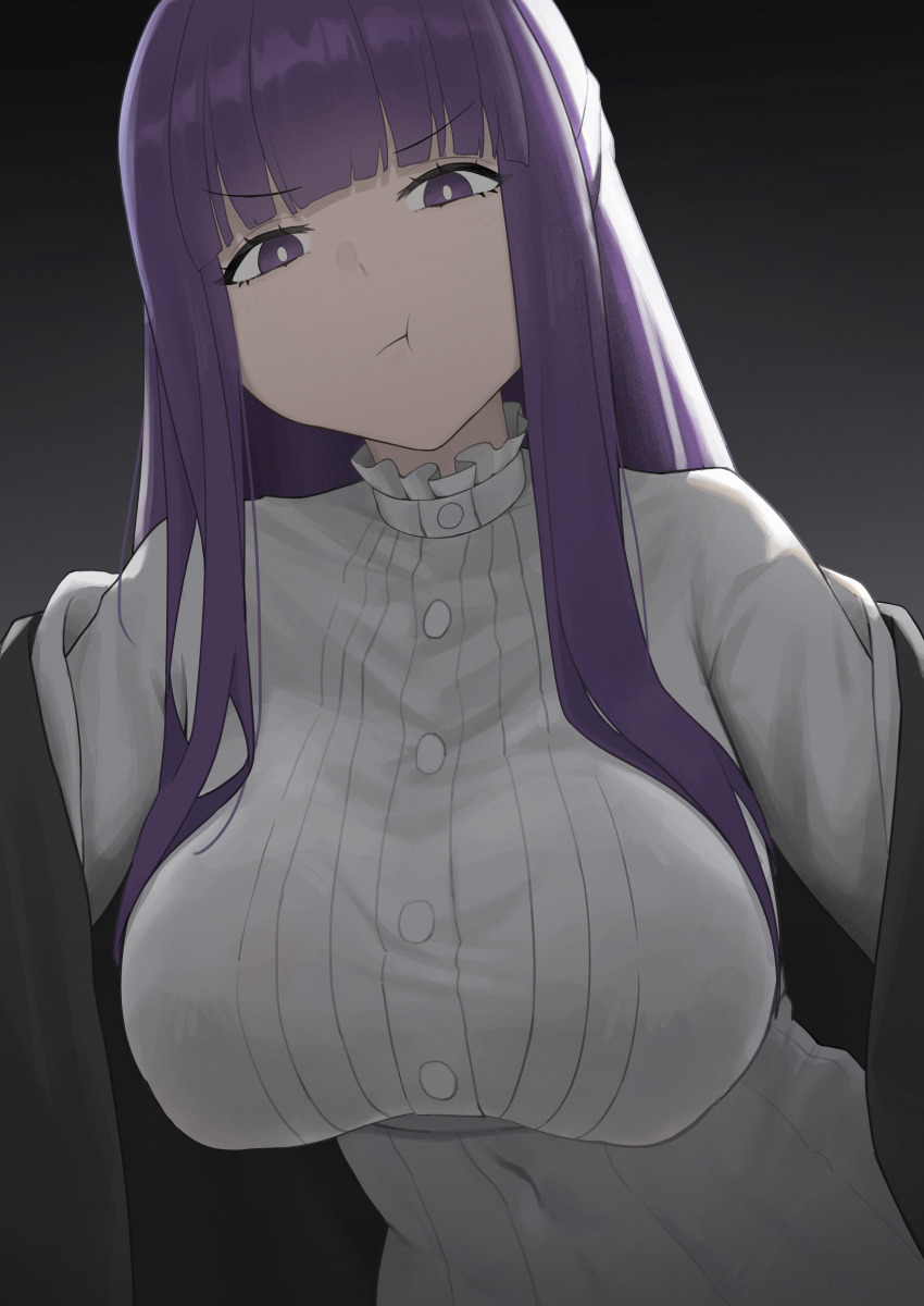 1girl :t absurdres black_background blunt_bangs breasts covered_navel dress fangfangtu fern_(sousou_no_frieren) gradient_background highres large_breasts long_hair long_sleeves looking_at_viewer pout purple_eyes purple_hair sousou_no_frieren turtleneck upper_body white_dress