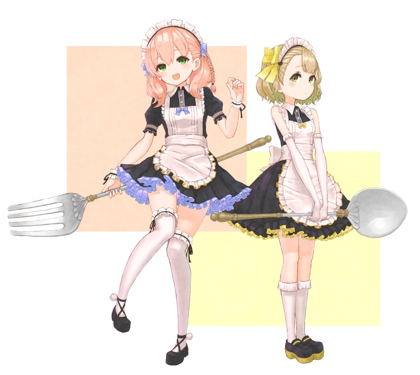 2girls absurdres apron atelier_(series) atelier_escha_&amp;_logy bare_shoulders black_dress black_footwear blonde_hair bow commentary_request dress escha_malier expressionless fork frilled_dress frills full_body green_eyes highres holding holding_fork holding_spoon lucille_ernella maid maid_apron maid_headdress multiple_girls open_mouth oversized_object pink_hair puffy_short_sleeves puffy_sleeves sepia_(kilikasumi) short_sleeves simple_background sleeveless sleeveless_dress smile socks spoon square teeth thighhighs upper_teeth_only v_arms white_apron white_background white_socks white_thighhighs white_wrist_cuffs wrist_cuffs yellow_bow