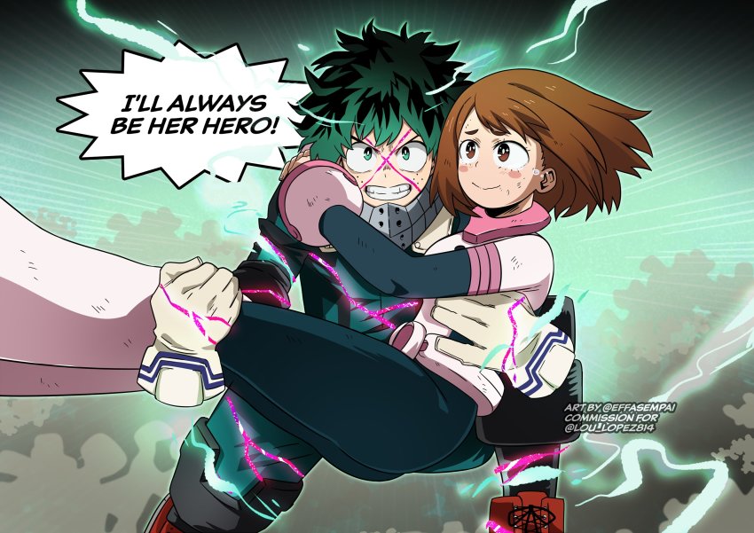 1boy 1girl ass belt black_footwear blush bodysuit boku_no_hero_academia boots breasts brown_eyes brown_hair collar effasempai from_behind gloves green_bodysuit green_eyes green_hair highres large_breasts midoriya_izuku multicolored_bodysuit multicolored_clothes non-web_source pink_bodysuit pink_footwear red_footwear short_hair smile spiked_hair teeth uraraka_ochako