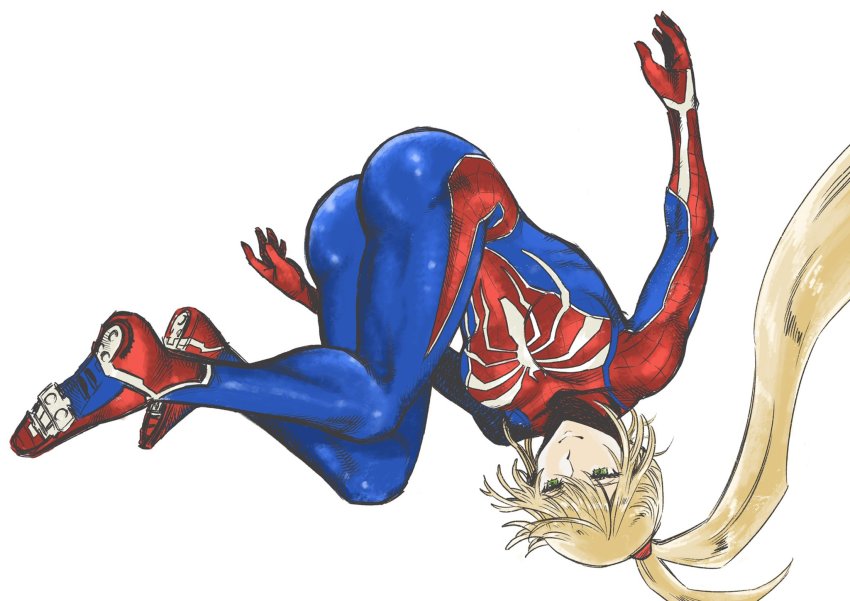 1girl ass blonde_hair bodysuit breasts commentary green_eyes highres long_hair marvel metroid muscular nintendo ponytail samus_aran smile solo spider-man_(2018_game) spider-man_(series) thighs toned tsunamino_yuu upside-down very_long_hair white_background