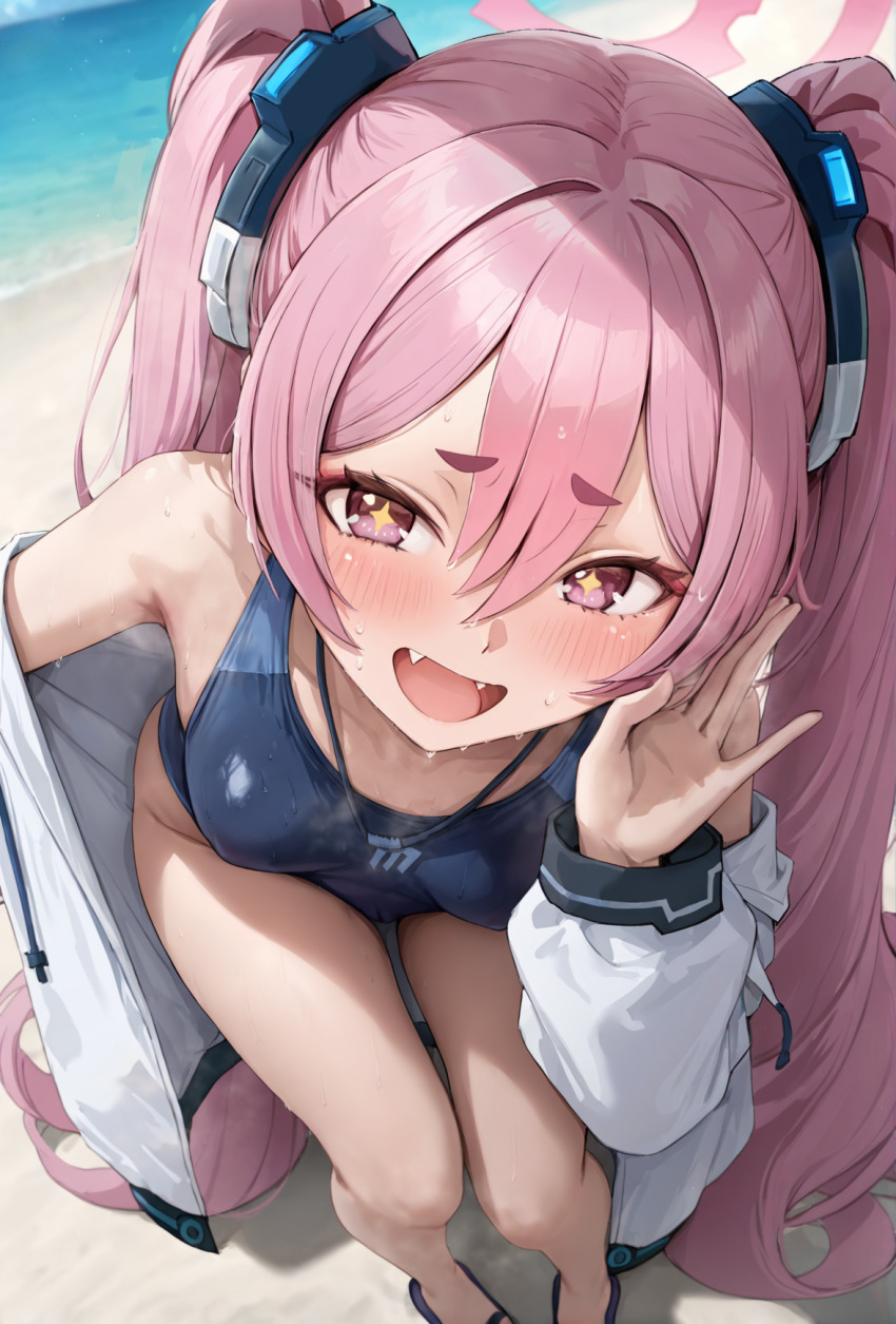 +_+ 1girl beach blue_archive blue_one-piece_swimsuit blush breasts fangs hair_between_eyes halo highres hyouhyou koyuki_(blue_archive) leaning_forward long_hair ocean one-piece_swimsuit open_mouth outdoors pink_eyes pink_hair pink_halo sand school_swimsuit short_eyebrows small_breasts smile solo swimsuit thighs twintails very_long_hair water