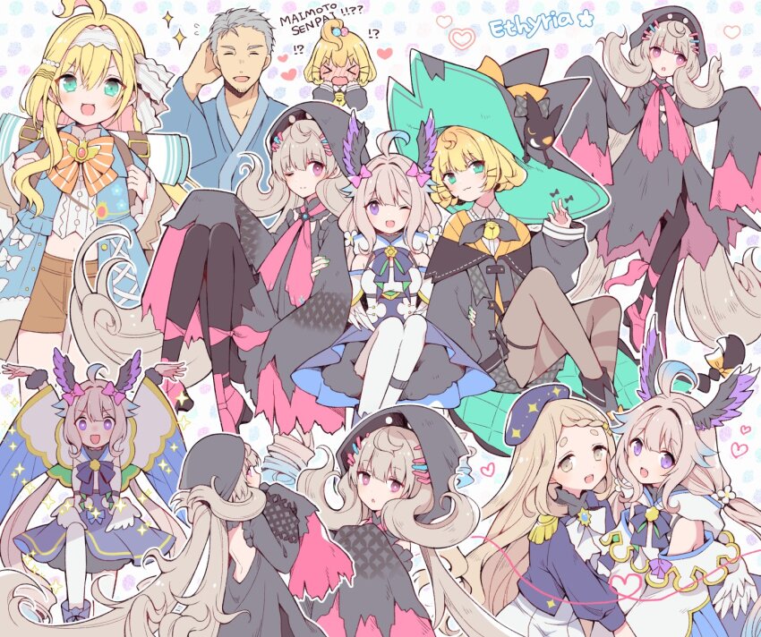 &gt;o&lt; 1boy 4girls ahoge aqua_eyes arms_up back backpack bag beads bell beret black_pantyhose blonde_hair blush bow braid cardigan closed_eyes closed_mouth detached_sleeves english_text enna_alouette enna_alouette_(1st_costume) ethyria full-face_blush grey_hair hair_beads hair_bow hair_ornament hairband hat head_wings highres jingle_bell large_hat long_hair looking_at_viewer low_twintails lucie_(millie_parfait) machita_chima maimoto_keisuke maimoto_keisuke_(1st_costume) midriff millie_parfait millie_parfait_(1st_costume) millie_parfait_(4th_costume) mo0o0om374624 multicolored_hair multiple_girls multiple_views navel nijisanji nijisanji_en off-shoulder_jacket off_shoulder one_eye_closed open_mouth orange_cardigan pantyhose purple_eyes red_eyes reimu_endou reimu_endou_(1st_costume) shorts sleeves_past_fingers sleeves_past_wrists standing standing_on_one_leg striped_clothes striped_pantyhose thigh_strap twintails two-tone_hair very_long_hair virtual_youtuber white_pantyhose wings witch_hat