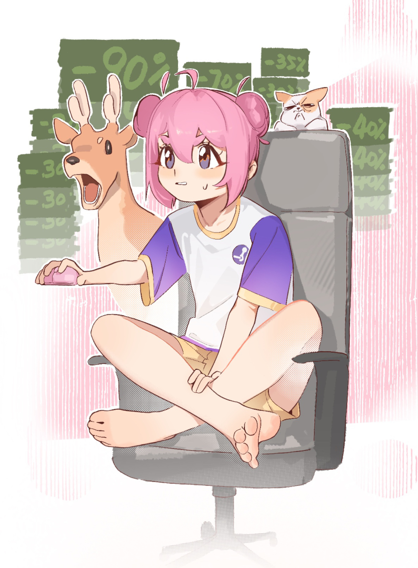 1girl ahoge bare_legs barefoot blue_eyes blush cat chair commentary computer_mouse crossed_legs deer double_bun english_commentary feet full_body hair_bun hand_on_own_thigh highres holding_computer_mouse legs long_hair office_chair open_mouth pink_hair shirt short_sleeves shorts sitting soles steam_(platform) steam_delivery_girl sweatdrop swivel_chair t-shirt thick_eyebrows toes v.a._(vanilla) white_shirt wide_sleeves yellow_shorts