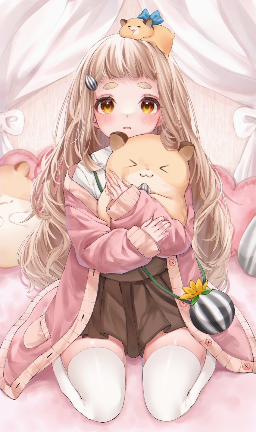 1girl absurdres animal animal_on_head blouse blush brown_hair brown_skirt cardigan hair_ornament hamster highres hugging_doll hugging_object long_hair long_sleeves looking_at_viewer machita_chima machita_chima_(1st_costume) nichino nijisanji on_bed on_head open_cardigan open_clothes parted_lips pink_cardigan pleated_skirt shirt sitting skirt solo stuffed_hamster thick_eyebrows thighhighs very_long_hair virtual_youtuber wariza white_shirt white_thighhighs yellow_eyes