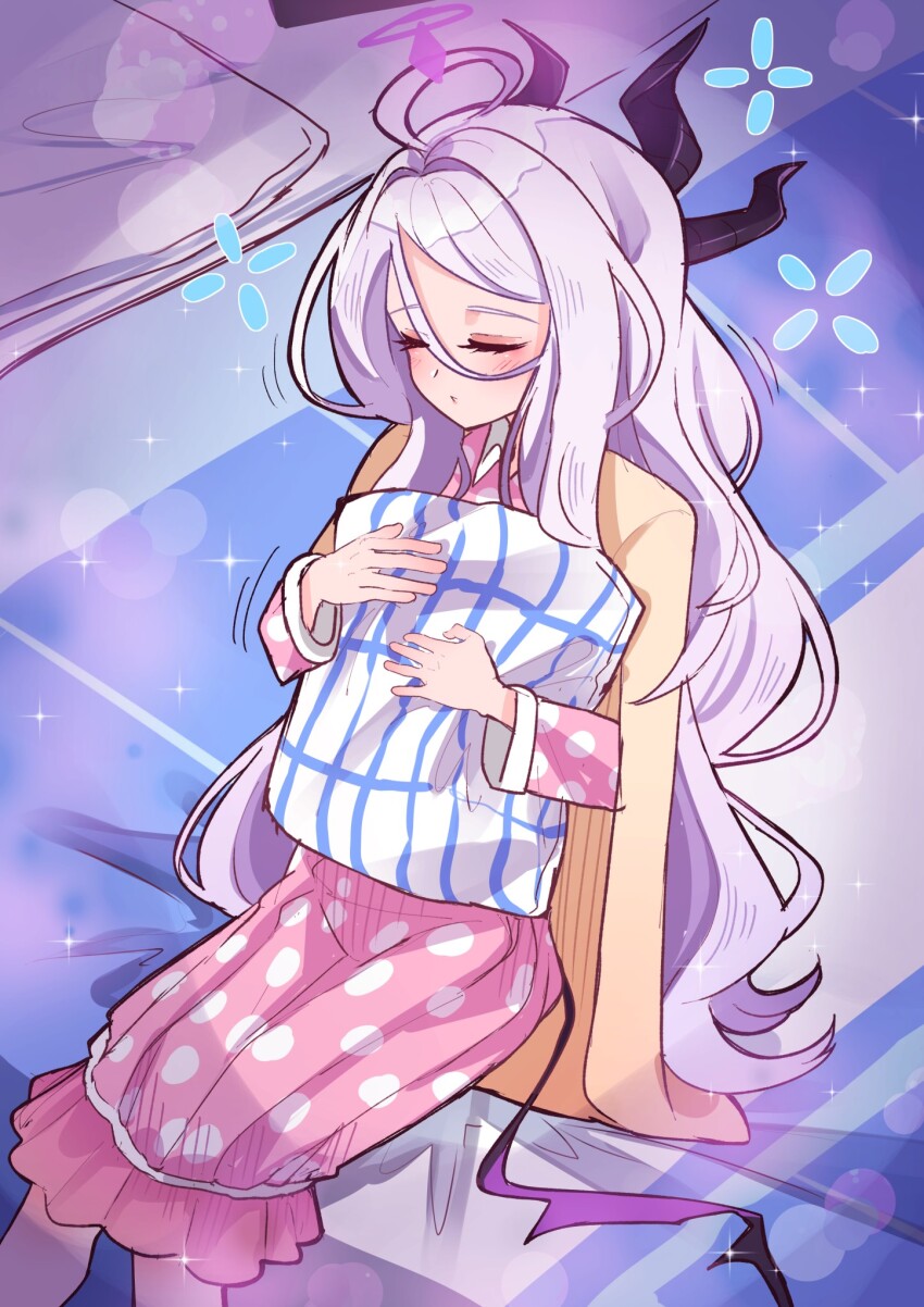 1girl ahoge blue_archive closed_eyes demon_girl demon_horns demon_tail halo highres hina_(blue_archive) hina_(pajamas)_(blue_archive) holding holding_pillow horns i-nn long_hair on_bed pillow sitting sleepwear sleepy solo tail very_long_hair white_hair