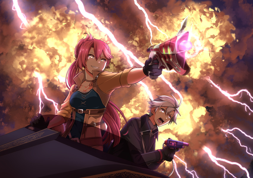 1boy 1girl absurdres commission eiyuu_densetsu explosion gloves grin gun handgun highres holding holding_weapon jacket lightning motor_vehicle pink_hair pixiv_commission ponytail purple_eyes rean_schwarzer sara_valestein sen_no_kiseki sen_no_kiseki_(series) sen_no_kiseki_i sen_no_kiseki_iv smile verrell weapon white_hair yellow_eyes