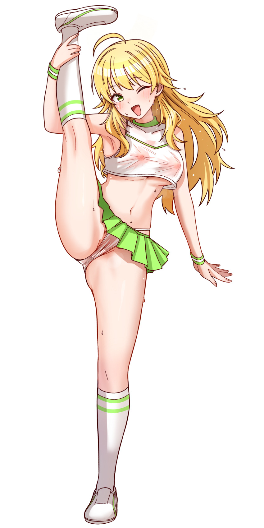 absurdres ahoge armpits blonde_hair breasts covered_erect_nipples crop_top full_body green_eyes green_skirt highres hoshii_miki idolmaster idolmaster_(classic) kneehighs kneepits medium_breasts microskirt navel niban_(puka_0507) one_eye_closed open_mouth panties pleated_skirt see-through_clothes skirt smile socks split standing standing_on_one_leg standing_split sweat underwear white_footwear white_panties white_socks