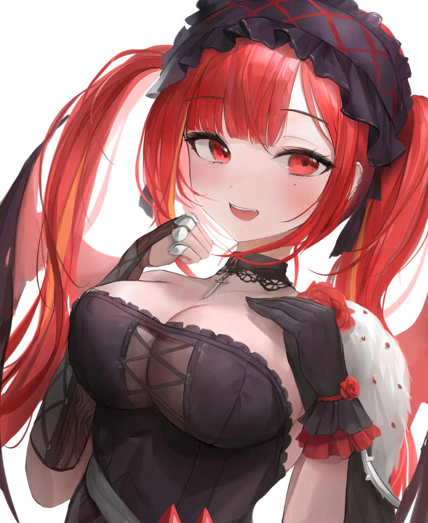 1girl :d absurdres akane_lize bare_shoulders black_gloves blunt_bangs breasts chan1moon cleavage fang gloves hair_ornament hands_up headdress highres large_breasts long_hair looking_at_viewer mole mole_under_eye multicolored_hair open_mouth red_eyes red_hair smile solo stellive streaked_hair teeth upper_teeth_only virtual_youtuber