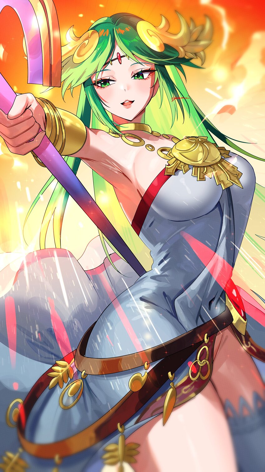 1girl absurdres armpits blurry blurry_background blurry_foreground breasts circlet cloud commentary_request dress emphasis_lines eyelashes gold green_eyes green_hair highres holding holding_staff kid_icarus kid_icarus_uprising large_breasts long_hair nintendo open_mouth orange_sky outdoors palutena parted_bangs pink_lips sky smile solo staff standing thighs white_dress yasaikakiage