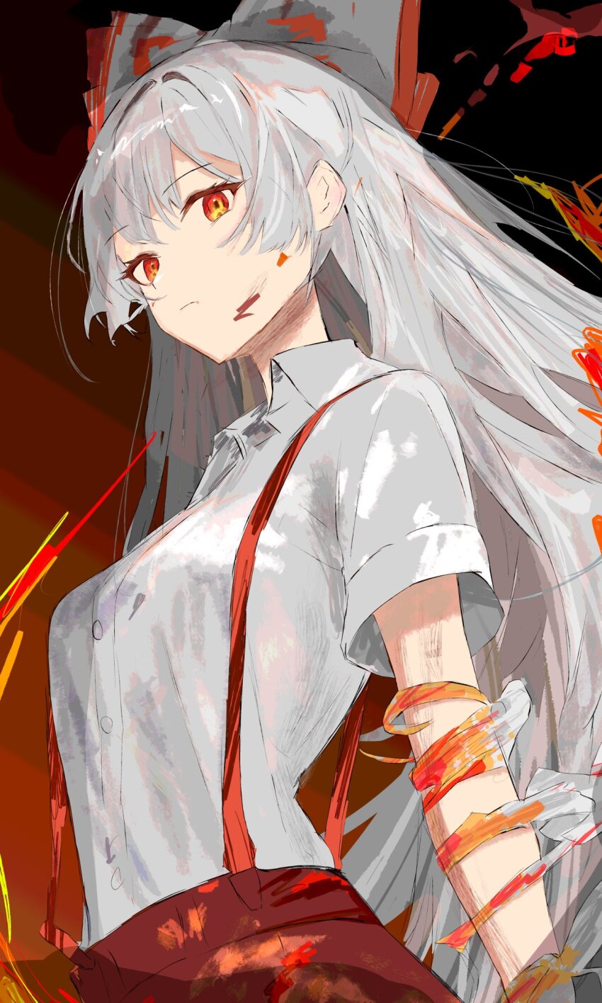 bow fire fujiwara_no_mokou hair_bow highres long_hair pants red_eyes red_pants suspenders touhou umbrella3650 white_bow white_hair