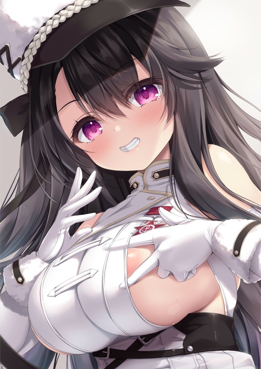 1girl areola_slip azur_lane bare_shoulders black_hair blush breasts fur-trimmed_gloves fur_trim gloves grin hair_between_eyes hair_flaps hat highres large_breasts long_hair looking_at_viewer mikagami_mamizu oppai_loli pamiat_merkuria_(azur_lane) pamiat_merkuria_(retrofit)_(azur_lane) purple_eyes sideboob sidelocks smile solo sweat teeth upper_body white_gloves white_hat