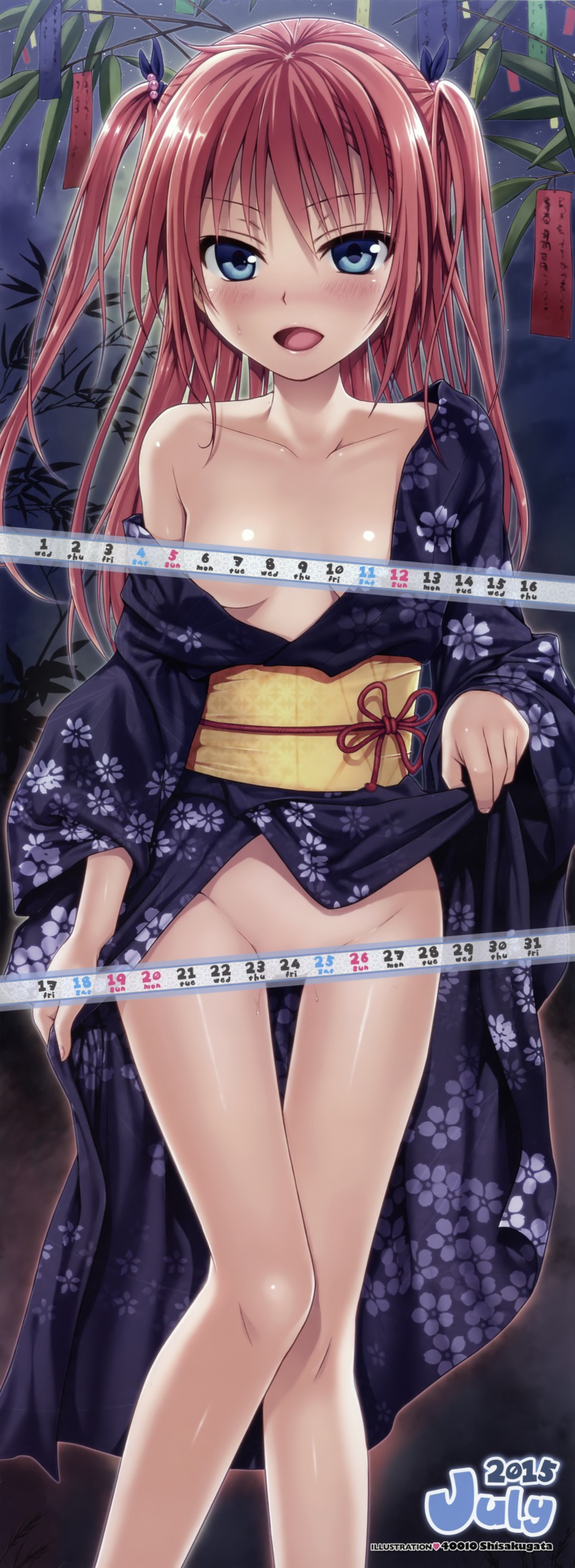 10s 1girl 2015 40010prototype :d absurdres blue_eyes blush breasts calendar calendar_(object) censored_nipples clothes_lift collarbone convenient_censoring dengeki_moeoh female_focus highres japanese_clothes july kimono kimono_lift long_image looking_at_viewer naughty_face no_bra no_panties off_shoulder open_clothes open_kimono open_mouth pink_hair pussy_juice red_ribbon ribbon small_breasts smile solo standing tall_image tanabata tanzaku tassel thigh_gap two_side_up