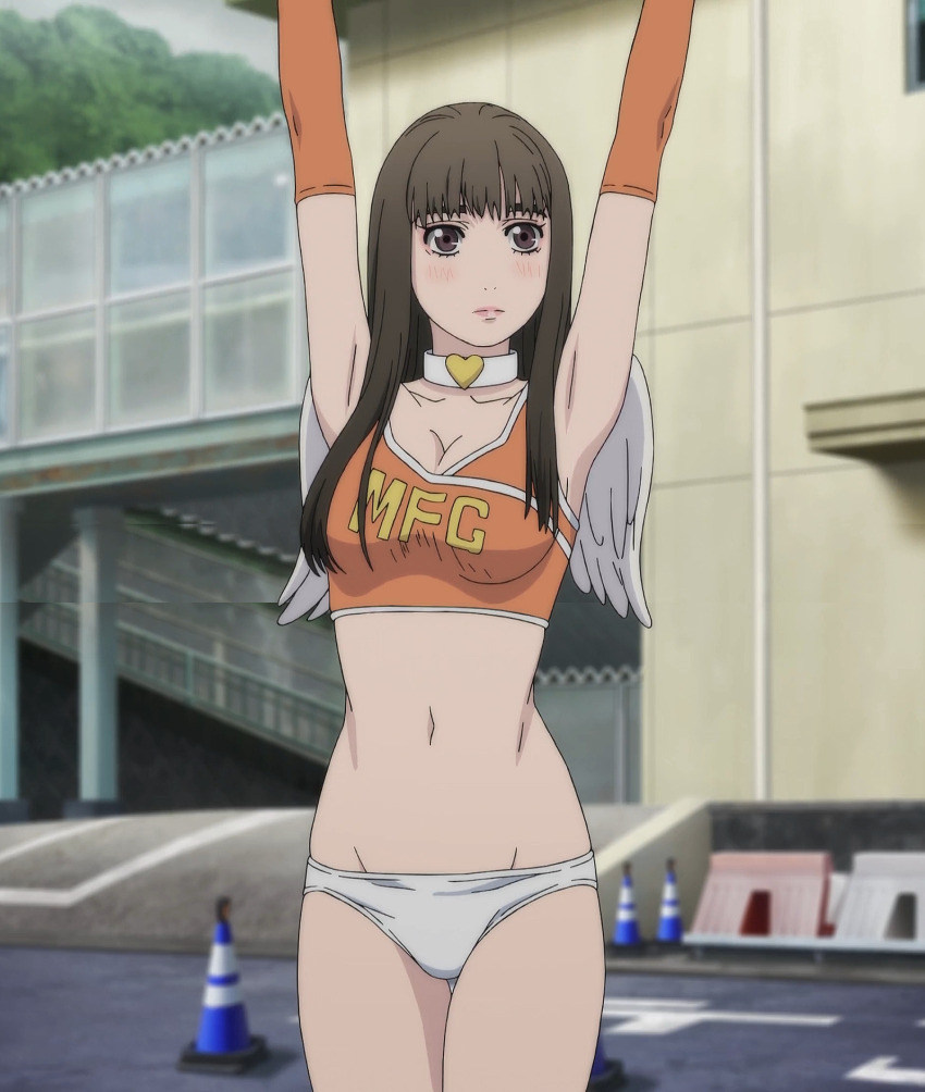 1girl absurdres angel_wings anime_screenshot armpits arms_up ass bikini breasts collar crop_top elbow_gloves gloves highres makeup medium_breasts mf_ghost panties race_queen sad sato_mami solo stitched swimsuit third-party_edit underwear white_panties wings