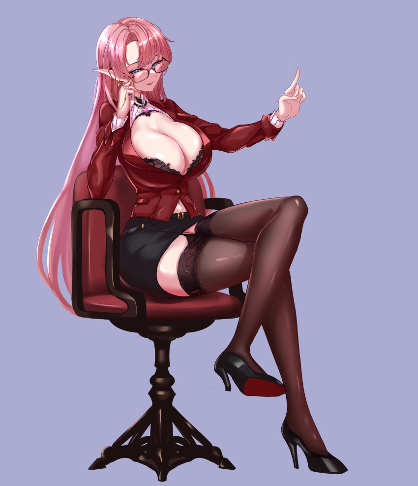 1girl absurdres azur_lane blue_eyes bra bra_peek breasts brown_bra brown_thighhighs chair cleavage duke_of_york_(azur_lane) duke_of_york_(the_chic_counselor)_(azur_lane) from_side full_body gem glasses high_heels highres huge_breasts jacket lace lace-trimmed_thighhighs lace_trim long_hair long_sleeves office_chair office_lady official_alternate_costume pink_hair pointy_ears polished_shoes rectangular_eyewear red_brooch red_gemstone red_jacket rolingblade shoes swivel_chair thighhighs underwear very_long_hair