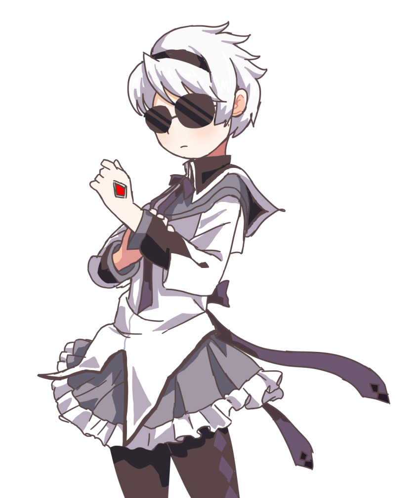 1boy akemi_homura black_headband closed_mouth cosplay crossdressing dave_strider dress gem headband highres homestuck mahou_shoujo_madoka_magica short_hair simple_background solo sunglasses tagme thighhighs trap white_background white_hair