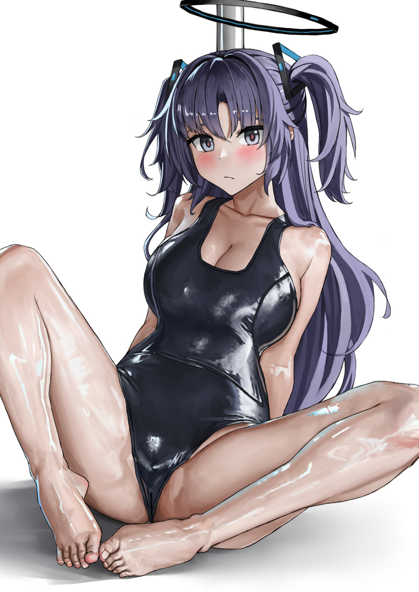 1girl absurdres bare_arms barefoot black_one-piece_swimsuit blue_archive blue_eyes breasts cleavage feet halo highres khione_(yukhione) large_breasts long_hair looking_at_viewer mechanical_halo one-piece_swimsuit pole purple_hair school_swimsuit shiny_clothes simple_background sitting solo spread_legs stripper_pole swimsuit toenails toes two_side_up white_background yuuka_(blue_archive)