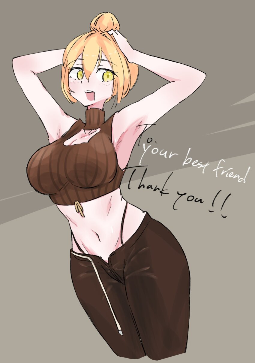 1girl armpits black_panties black_pants blonde_hair breasts brown_shirt cleavage_cutout clothing_cutout commentary crop_top cropped_legs english_commentary english_text hair_between_eyes hair_bun hair_intakes highleg highleg_panties highres himoggst large_breasts mia_fenimore navel nexas_(vtuber) open_mouth panties pants second-party_source shirt solo stomach teeth thank_you underwear upper_teeth_only virtual_youtuber yellow_eyes