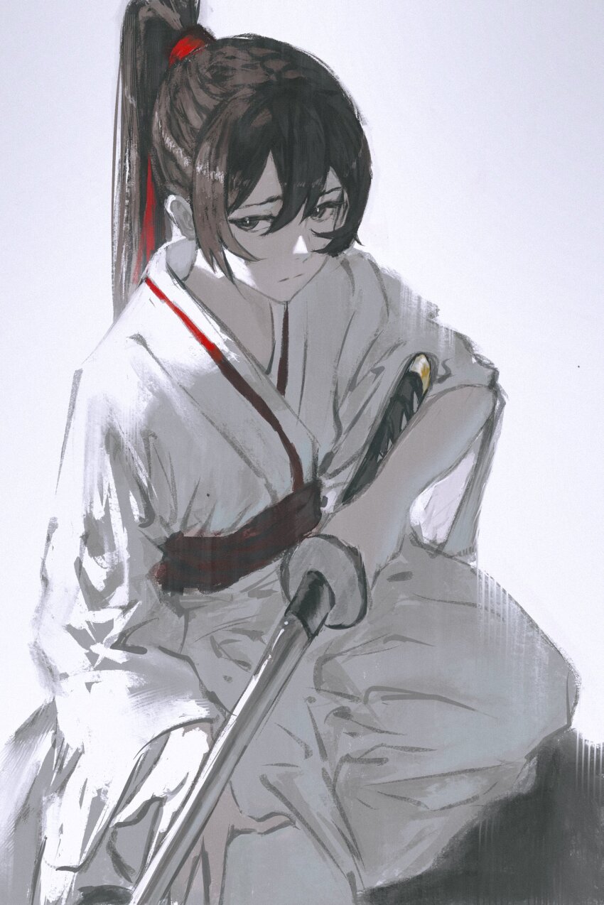 1girl bad_hands belt brown_hair gradient_background grey_background grey_hair hair_between_eyes hair_tie highres holding holding_sword holding_weapon japanese_clothes jigokuraku kimono long_hair ponytail red_belt shadow shiej007 sidelocks solo sword weapon white_background white_kimono wide_sleeves yamada_asaemon_sagiri