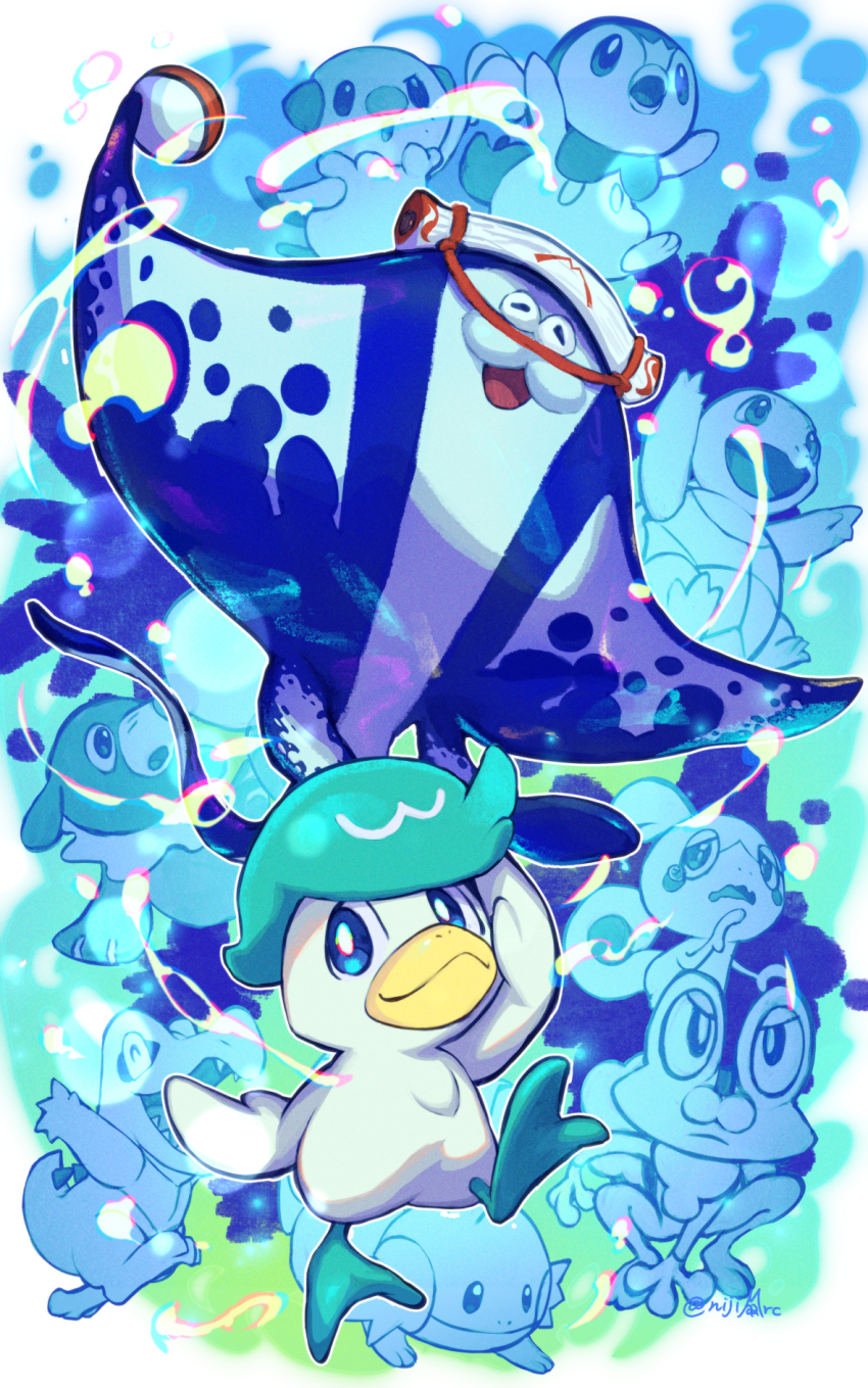 1boy :d artist_name big_man_(splatoon) bird blue_eyes blue_theme bright_pupils closed_mouth commentary_request creatures_(company) crocodile crocodilian crossover duck froakie frog full_body game_freak gen_1_pokemon gen_2_pokemon gen_3_pokemon gen_4_pokemon gen_5_pokemon gen_6_pokemon gen_7_pokemon gen_8_pokemon highres hokkamuri looking_at_viewer manta_ray mudkip nijimaarc nintendo no_humans open_mouth oshawott penguin piplup pokemon pokemon_(creature) popplio quaxly smile sobble splatoon_(series) splatoon_3 squirtle totodile turtle twitter_username white_pupils