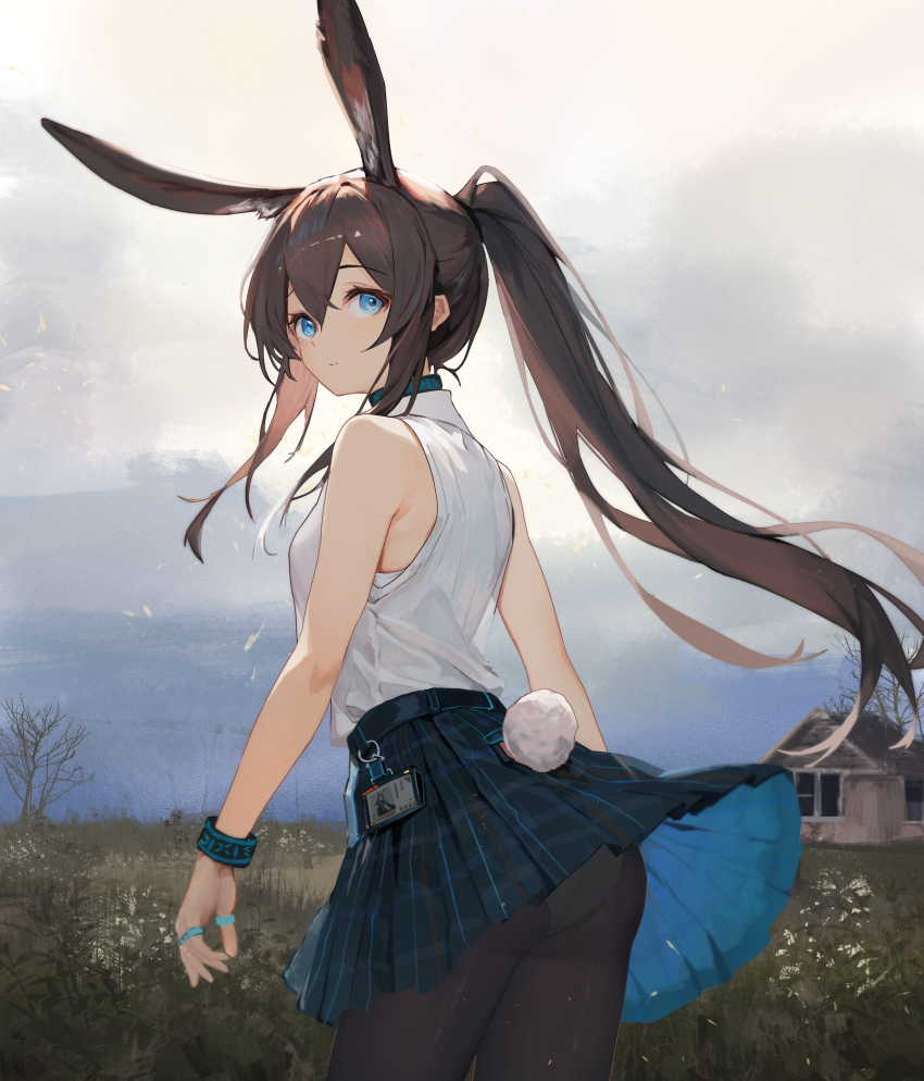 1girl absurdres amiya_(arknights) animal_ear_fluff animal_ears arknights ass bare_shoulders bare_tree black_pantyhose black_skirt blue_eyes bohe_midiexiang breasts brown_hair building closed_mouth clothes_lift clothing_cutout cloud cloudy_sky commentary_request day field from_behind hair_between_eyes highres jewelry long_hair looking_at_viewer looking_back outdoors panties panties_under_pantyhose pantyhose pleated_skirt ponytail rabbit_ears rabbit_girl rabbit_tail ring shirt sidelocks skirt skirt_lift sky sleeveless sleeveless_shirt small_breasts solo tail tail_through_clothes tree underwear very_long_hair white_panties white_shirt