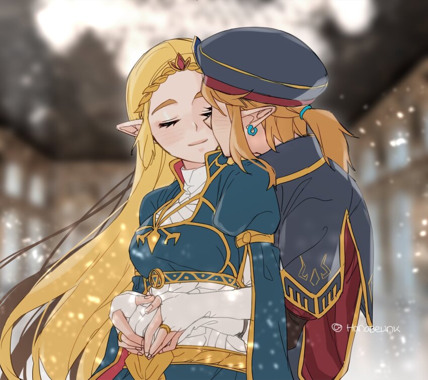 1boy 1girl artist_name blonde_hair blue_headwear blurry blurry_background blush breasts bridal_gauntlets closed_eyes closed_mouth earrings hair_ornament hanaberin hetero highres hug hug_from_behind jewelry large_breasts link long_hair nintendo pointy_ears ponytail princess_zelda smile the_legend_of_zelda the_legend_of_zelda:_tears_of_the_kingdom upper_body