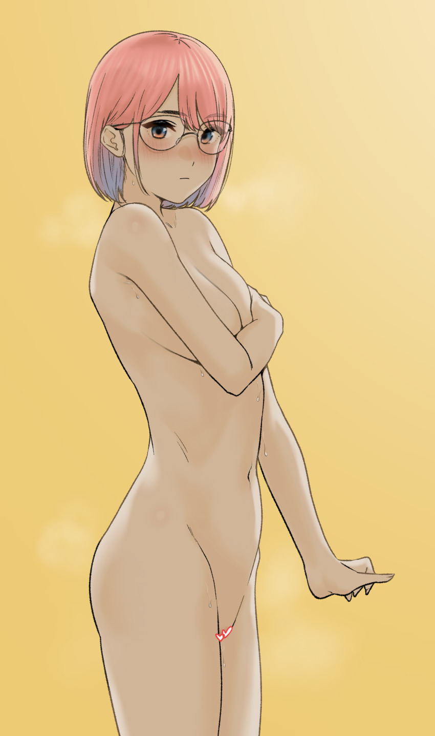 1girl absurdres blush breasts censored covering_breasts covering_privates glasses gradient_hair groin hair_behind_ear heart heart_censor highres medium_breasts multicolored_hair navel nose_blush nude original pink_hair raised_eyebrows simple_background solo sweat tantanmen72 yellow_background