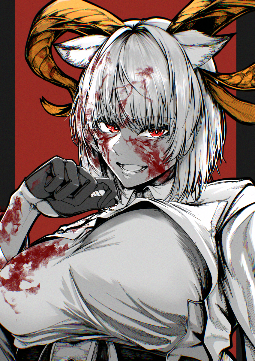 1girl absurdres animal_ear_fluff animal_ears arknights blood blood_in_hair blood_on_clothes blood_on_face breasts bright_pupils carnelian_(arknights) commentary_request curled_horns gloves half_gloves hand_up highres horns indoor_gorilla large_breasts long_sleeves looking_at_viewer open_mouth partially_colored red_background red_eyes shirt short_hair simple_background smile solo upper_body white_pupils yellow_horns