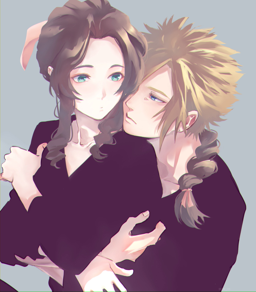 1boy 1girl aerith_gainsborough alternate_costume arms_around_waist black_shirt blonde_hair blue_eyes braid braided_ponytail brown_hair cloud_strife couple crossed_arms demi_co final_fantasy final_fantasy_vii final_fantasy_vii_remake green_eyes grey_background hair_over_shoulder hair_ribbon hetero highres hug hug_from_behind long_hair long_sleeves looking_at_another parted_bangs pink_ribbon ribbon shirt short_hair sidelocks spiked_hair square_enix upper_body wavy_hair