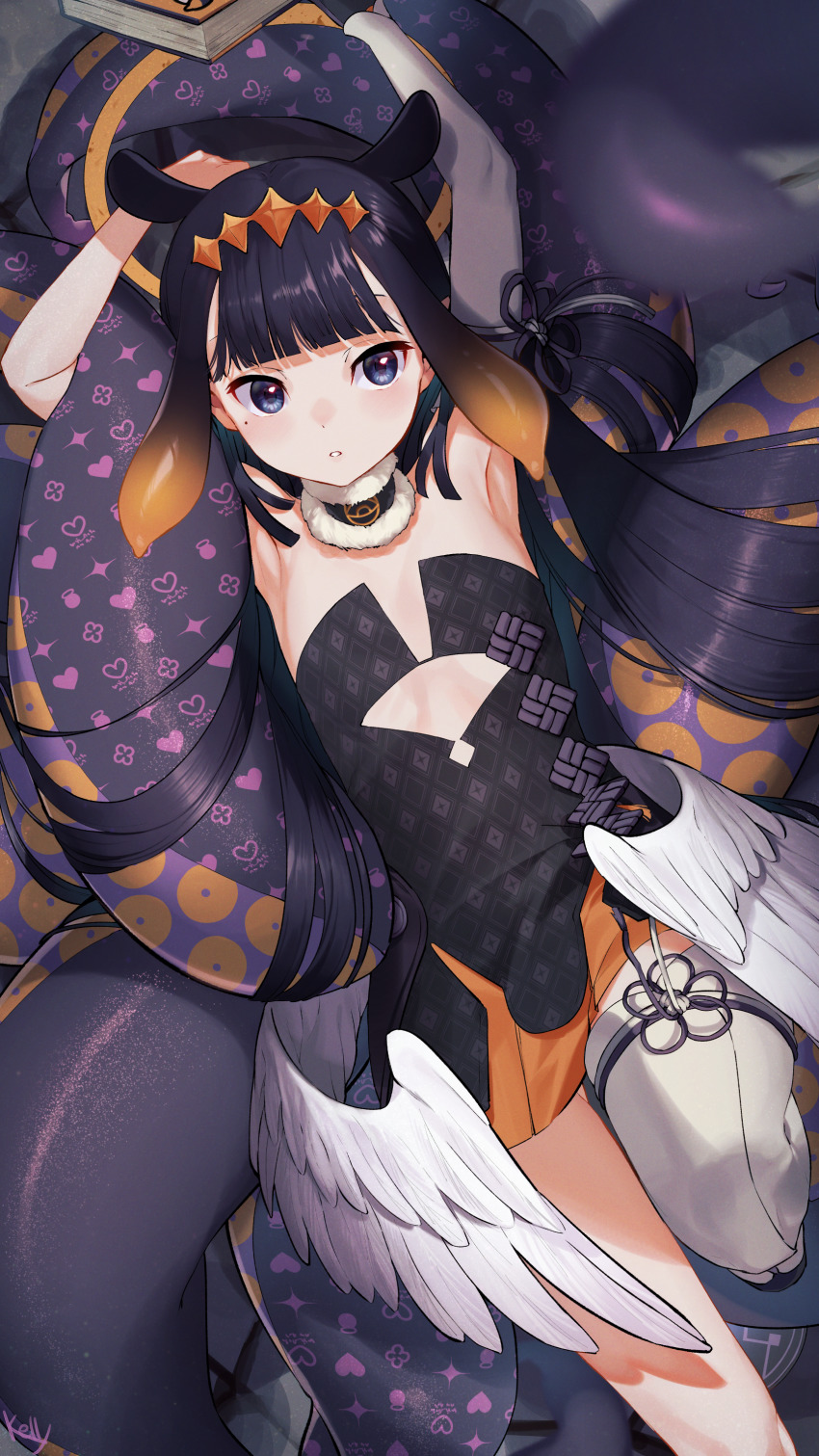 1girl absurdres animal_ears ao-chan_(ninomae_ina&#039;nis) armpits arms_up black_hair black_leotard blue_eyes blurry blush book clothing_cutout commentary depth_of_field detached_collar detached_sleeves extra_ears flat_chest from_above fur-trimmed_collar fur_trim gluteal_fold gradient_hair highres hololive hololive_english leotard long_hair low_wings lying mole mole_under_eye multicolored_hair nekokitsune0905 ninomae_ina&#039;nis ninomae_ina&#039;nis_(1st_costume) on_back orange_hair pointy_ears single_sleeve single_thighhigh solo stomach_cutout straight_hair tentacle_hair tentacles thighhighs thighs tiara two-tone_hair virtual_youtuber white_thighhighs wings