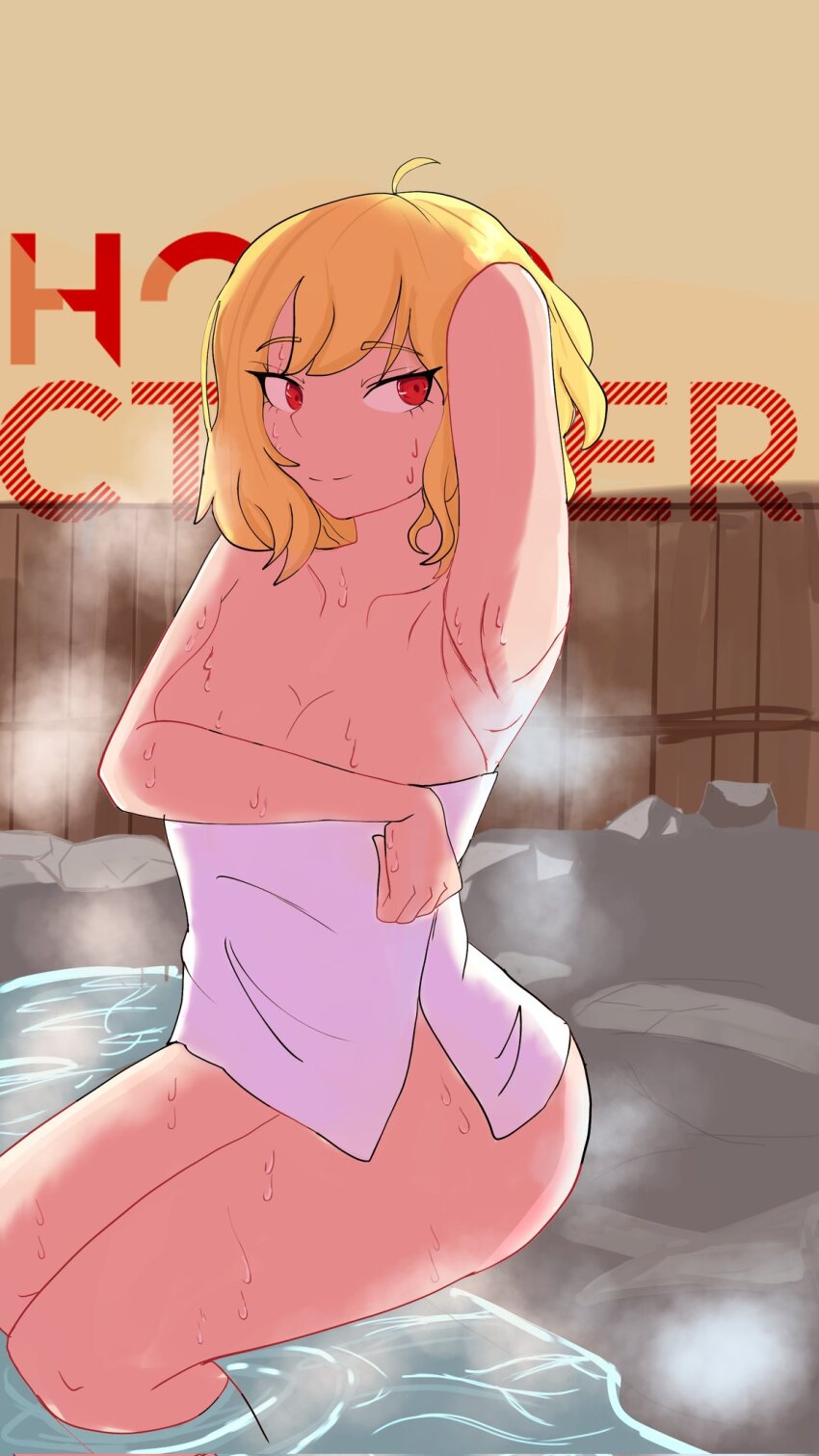 1girl ahoge arm_behind_head arm_up armpits blonde_hair breasts cleavage collarbone commentary english_commentary eyelashes gabi_20029 highres hololive hololive_indonesia kaela_kovalskia large_breasts looking_at_viewer medium_hair naked_towel nude october onsen red_eyes smile solo steam sweat thighs towel virtual_youtuber water wet wooden_wall