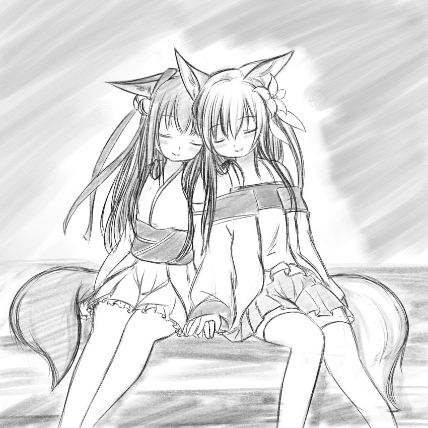 2girls animal_ears bell blush detached_sleeves closed_eyes flower fox_ears fox_tail greyscale hair_flower hair_ornament hanami_shione holding_hands highres japanese_clothes jingle_bell kimono long_hair minaha_(playjoe2005) monochrome multiple_girls obi original sash short_kimono sketch smile tail tamani_wakashi yuri