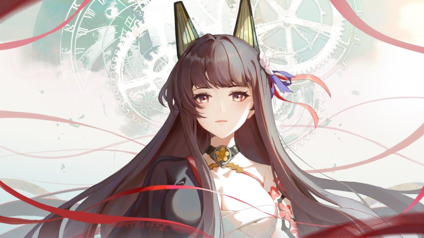 1girl akagi_(warship_girls_r) animal_ears arm_tattoo black_hair blunt_bangs breasts brown_eyes brown_hair chichengde_haotidu_afusang closed_mouth flower flower_tattoo hair_flower hair_ornament headgear highres long_hair looking_at_viewer red_ribbon ribbon sarashi solo tattoo upper_body very_long_hair warship_girls_r