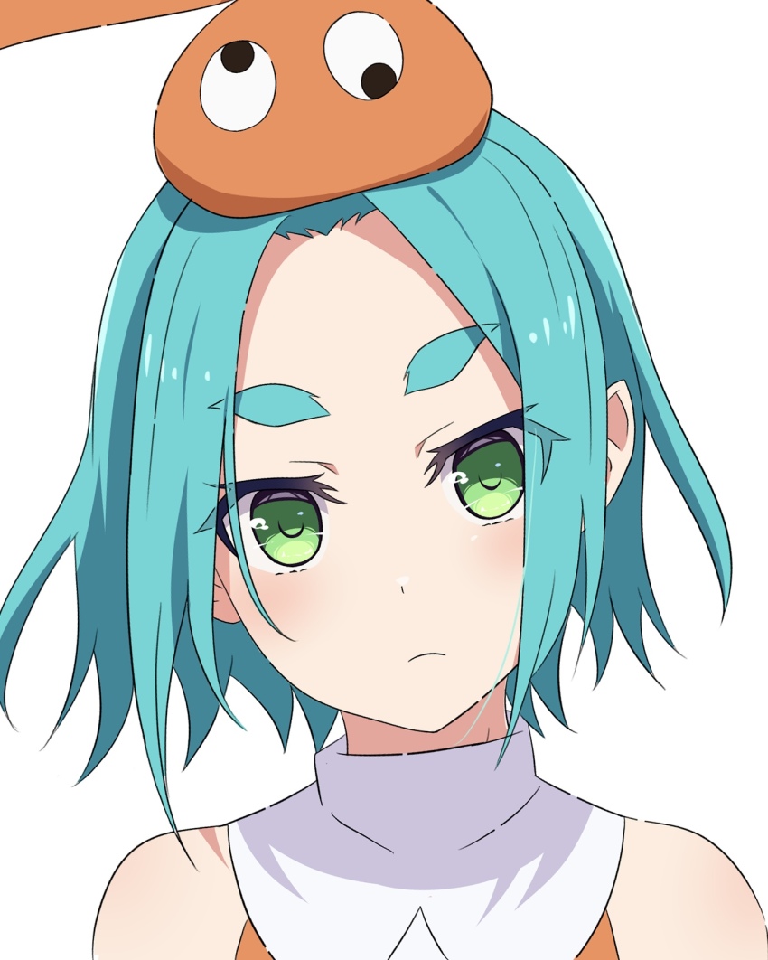 1girl aqua_hair camui1104 googly_eyes green_eyes hat highres light_frown looking_at_viewer monogatari_(series) ononoki_yotsugi orange_hat shirt short_hair simple_background sleeveless sleeveless_shirt solo thick_eyebrows white_background